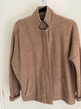 Eileen Fisher Camel Merino Wool Stand Collar Full Zip Jacket